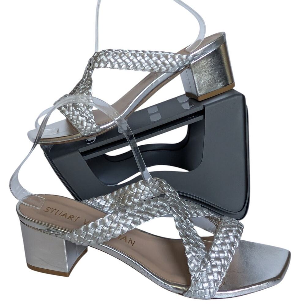 STUART WEITZMAN Rosie Block Heel Slide Woven Leather Sandal‎ Silver Women's 11